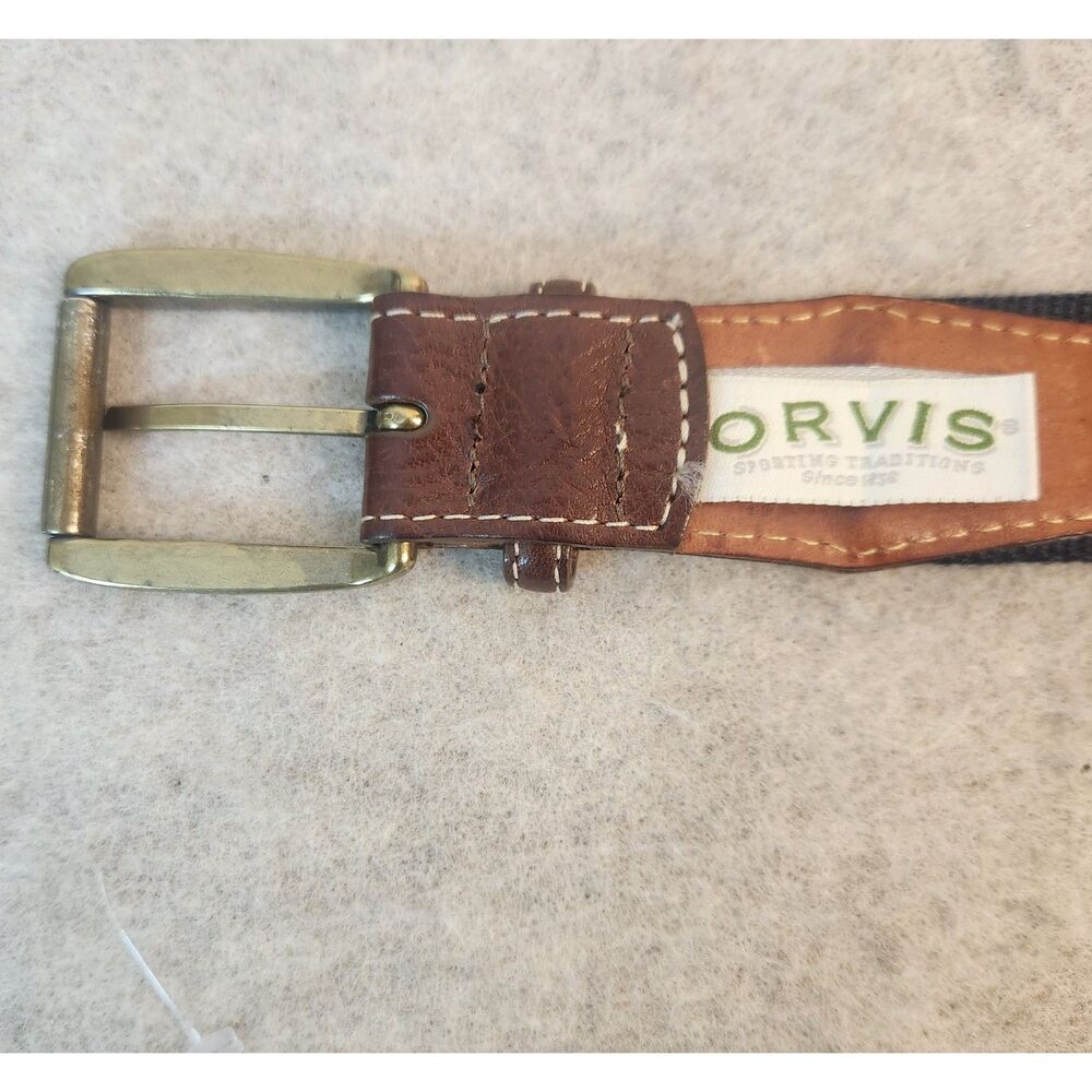 Vintage Orvis Mens Navy&Brown Leather Belt Brass Buckle Size 38 USA Gorpcore